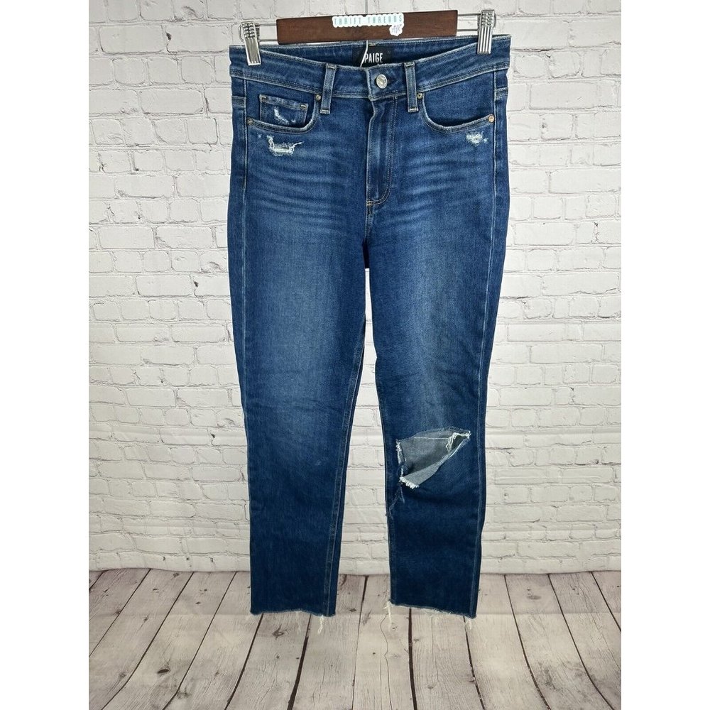 Paige Women’s Hoxton Slim Distressed Blue Cropped Raw Hem Jeans (27 x 27)